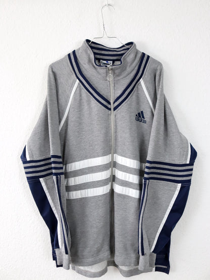 Vintage 80er 90er ADIDAS Trainingsjacke Stehkragen grau dunkelblau D7 L