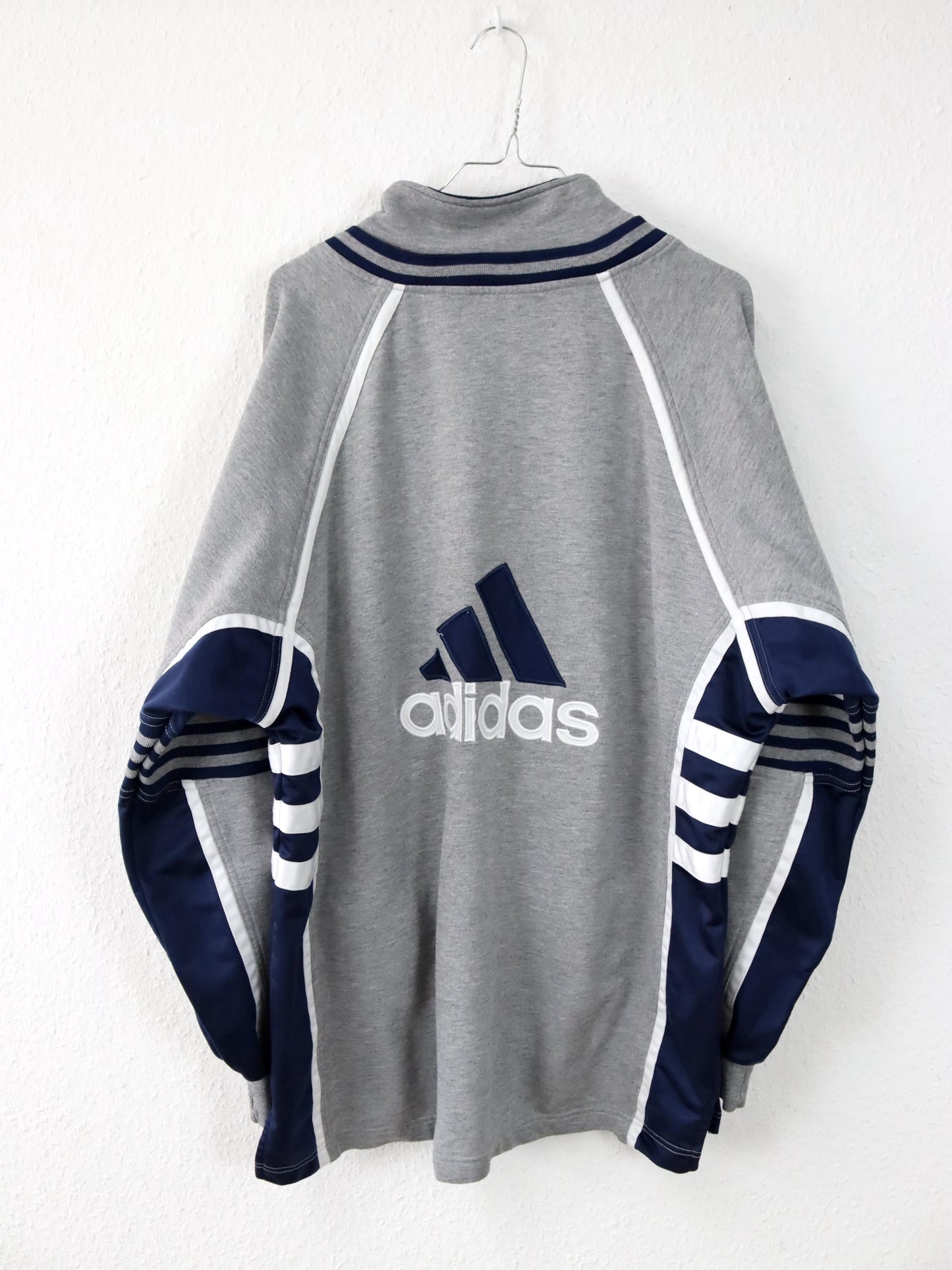 Vintage 80er 90er ADIDAS Trainingsjacke Stehkragen grau dunkelblau D7 L