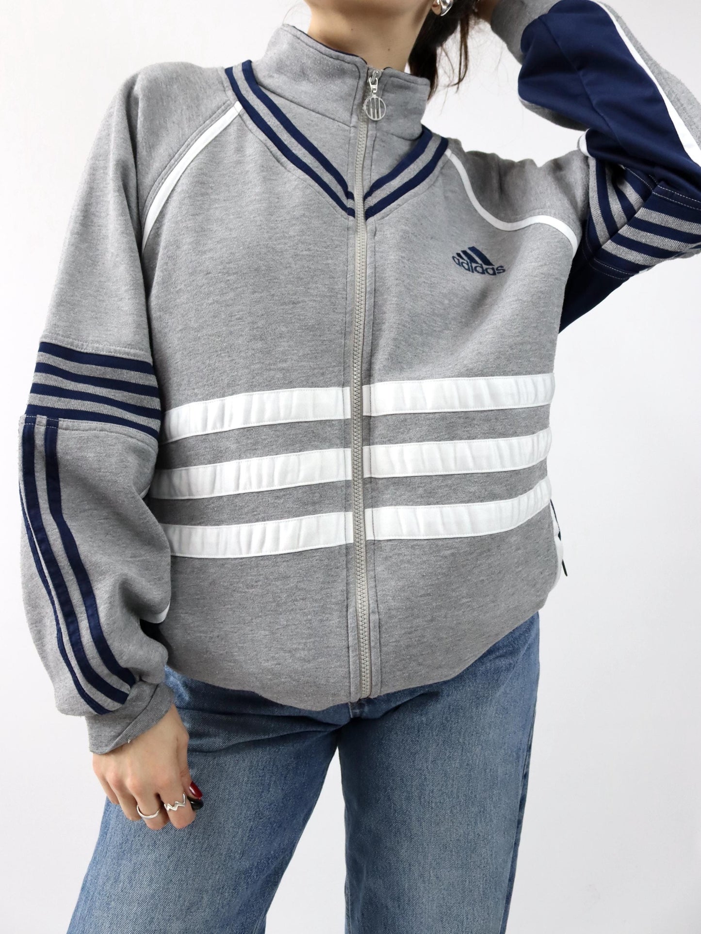 Vintage 80er 90er ADIDAS Trainingsjacke Stehkragen grau dunkelblau D7 L