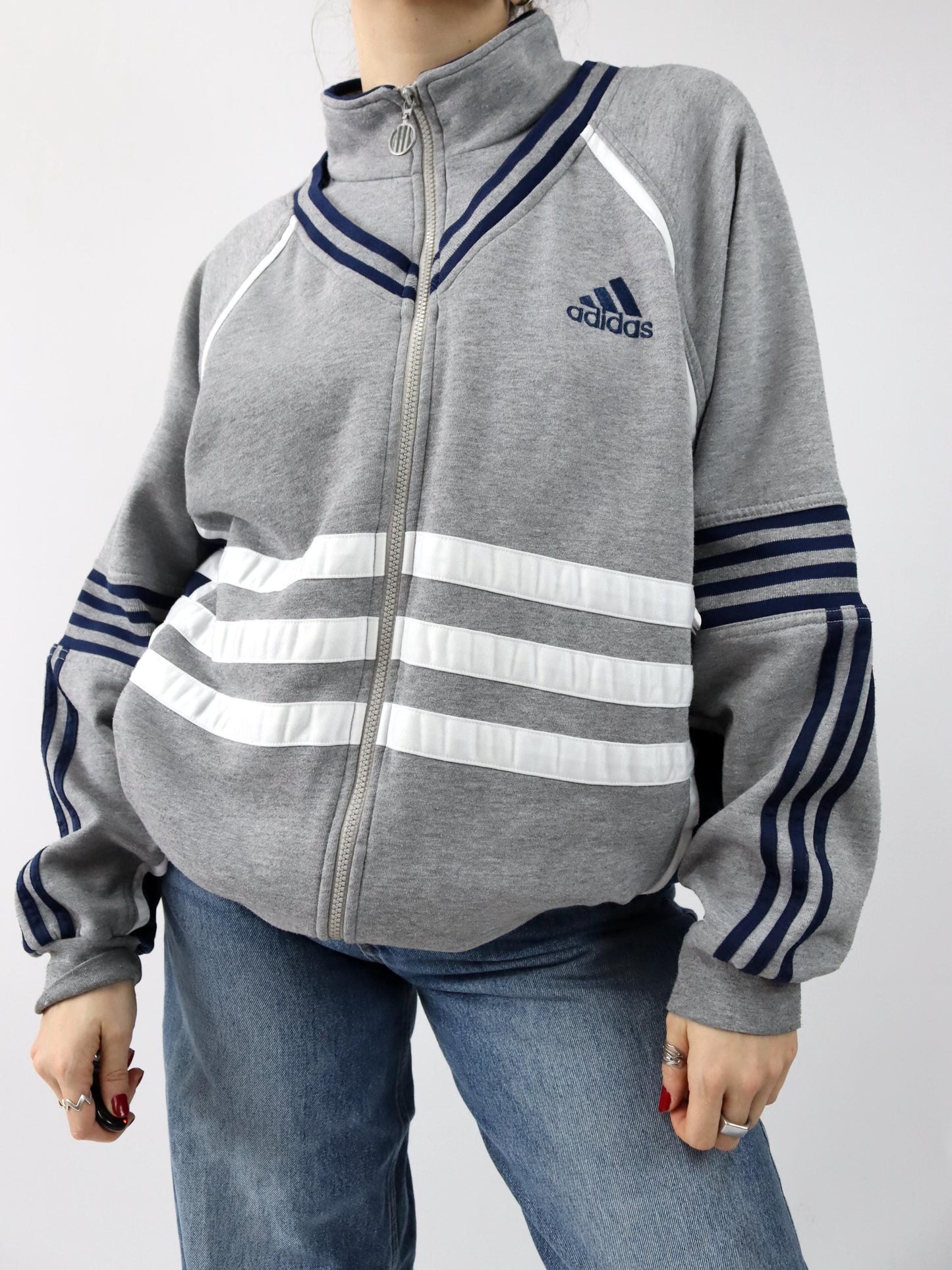 Vintage 80er 90er ADIDAS Trainingsjacke Stehkragen grau dunkelblau D7 L