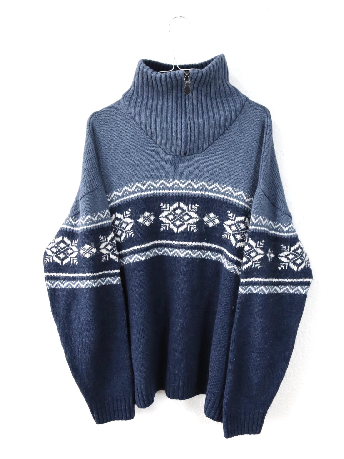 Vintage 90s 00s NAVIGAZIONE Wool Sweater Norwegian Stand-up Collar Zipper Patterned Blue XXL