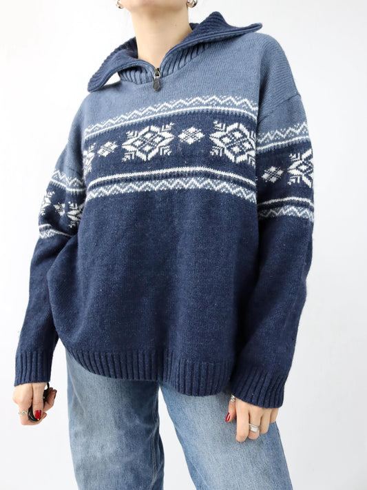 Vintage 90er 00er NAVIGAZIONE Wollpullover Norweger Stehkragen Reißverschluss gemustert blau XXL