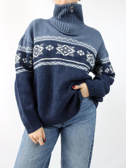 Vintage 90er 00er NAVIGAZIONE Wollpullover Norweger Stehkragen Reißverschluss gemustert blau XXL
