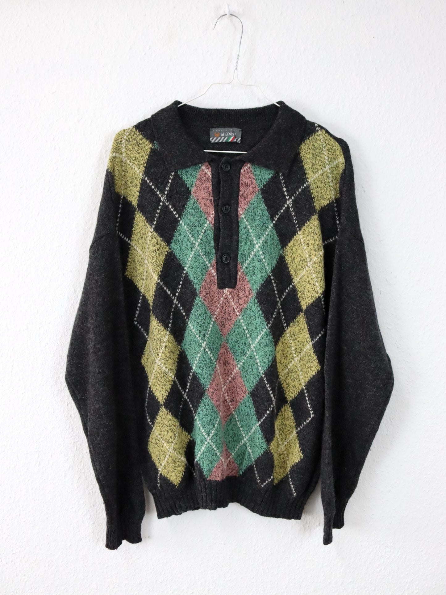 Vintage 80er 90er STEFANEL Wollpullover Kragen kariert Wolle 50 L