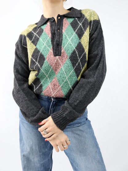 Vintage 80er 90er STEFANEL Wollpullover Kragen kariert Wolle 50 L