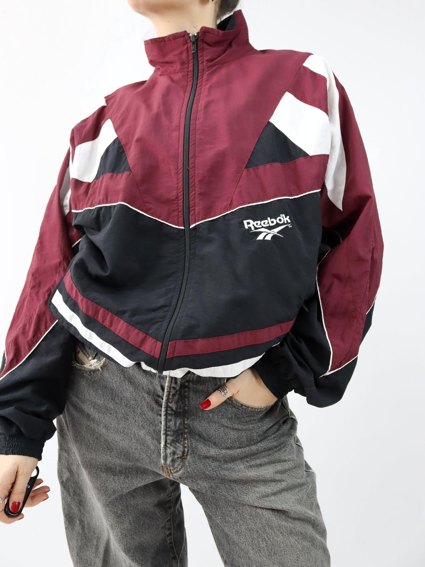 Vintage 80er 90er REEEBOK Trainingsjacke Stehkragen doppellagig dunkelrot schwarz weiß L