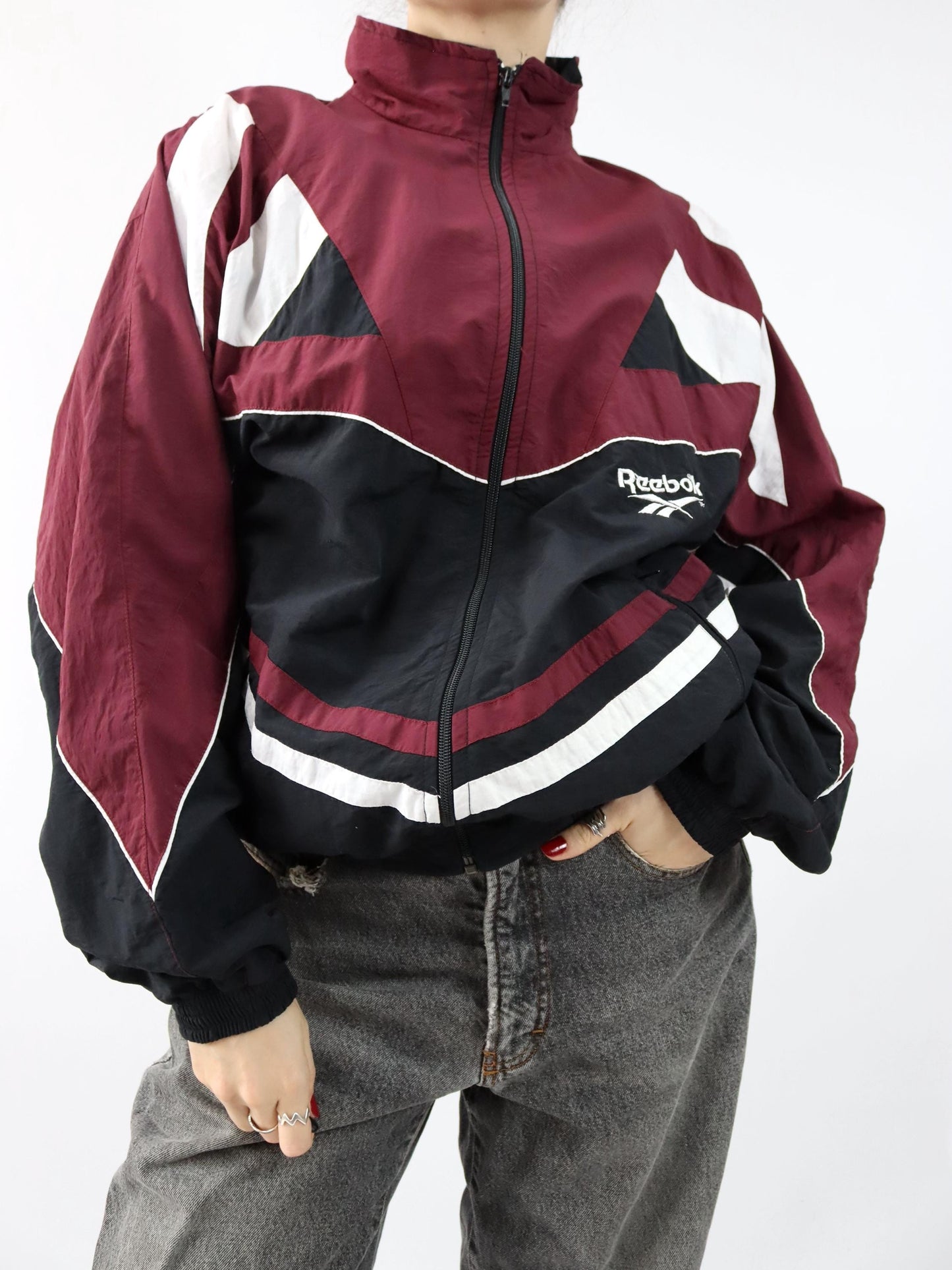 Vintage 80er 90er REEEBOK Trainingsjacke Stehkragen doppellagig dunkelrot schwarz weiß L