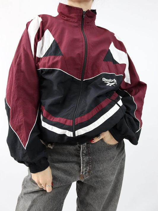 Vintage 80er 90er REEEBOK Trainingsjacke Stehkragen doppellagig dunkelrot schwarz weiß L