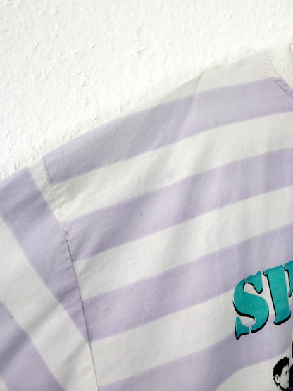 Vintage 80er 90er IN TIME T-Shirt kurzarm gestreift Print weiß rosa L