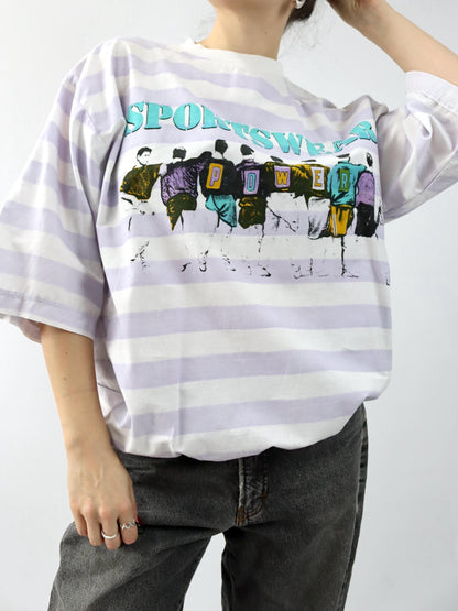 Vintage 80er 90er IN TIME T-Shirt kurzarm gestreift Print weiß rosa L