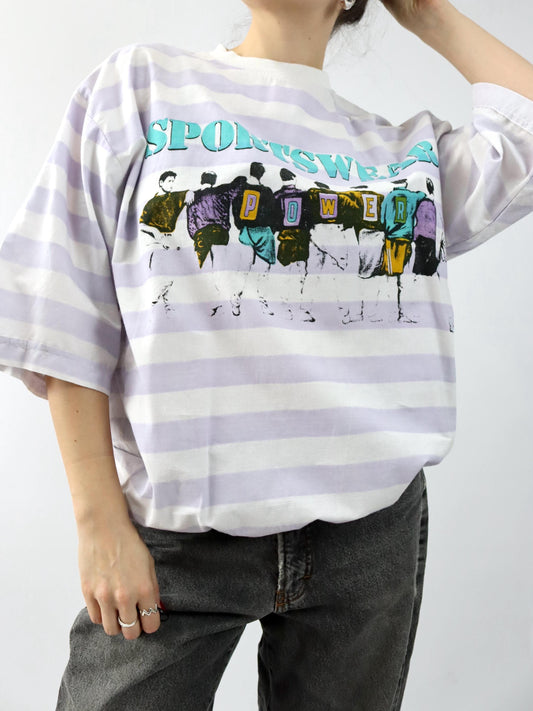 Vintage 80er 90er IN TIME T-Shirt kurzarm gestreift Print weiß rosa L