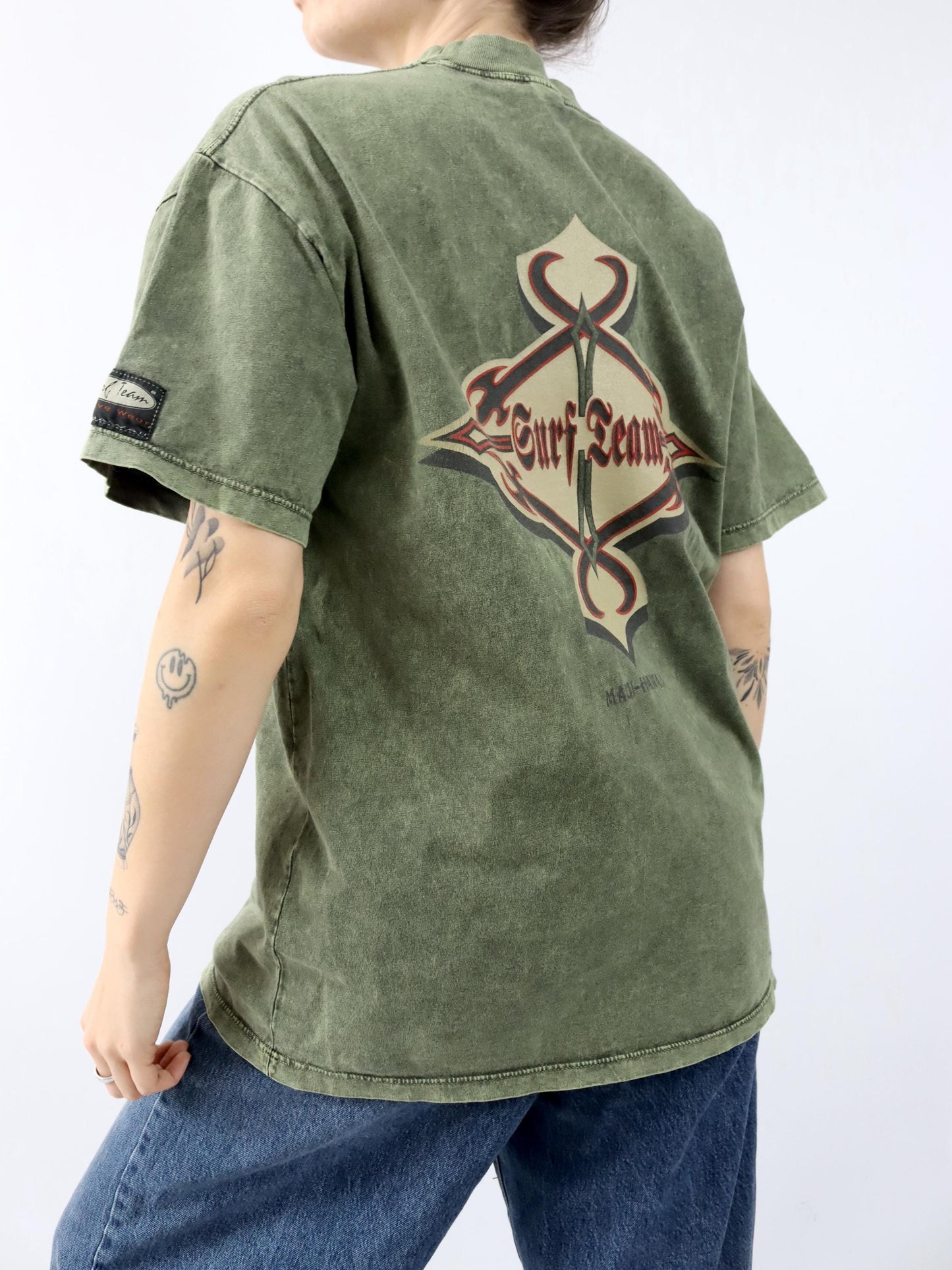Vintage 80er 90er SURF TEAM T-Shirt kurzarm Backprint grün used look M
