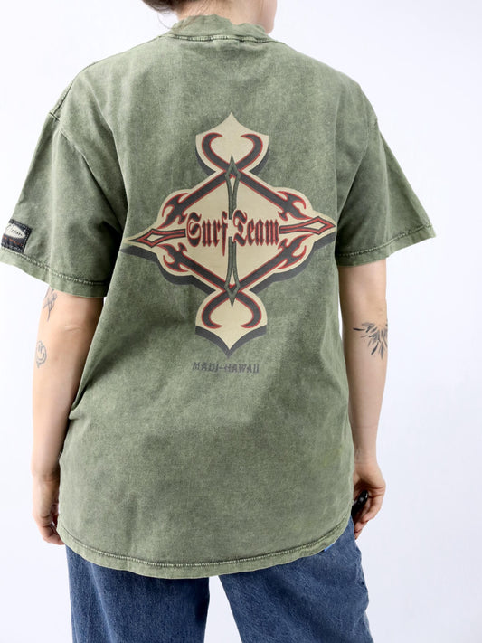 Vintage 80er 90er SURF TEAM T-Shirt kurzarm Backprint grün used look M