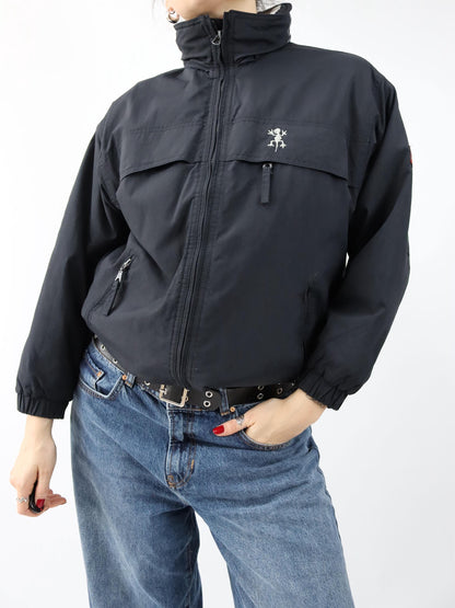 Vintage 90er 00er Y2k EXES Skijacke Winterjacke gefüttert schwarz Backprint XS/S 152