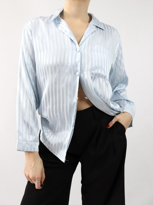 Vintage 80er 90er JP Bluse langarm Pyjamabluse gestreift Satin hellblau S