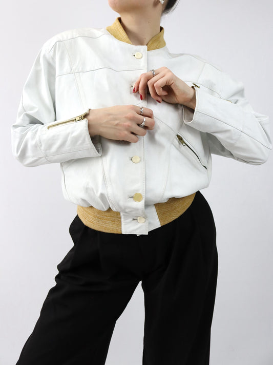 Vintage 80er 90er Lederjacke cremeweiß weiß Bomberjacke Schulterpolster 36