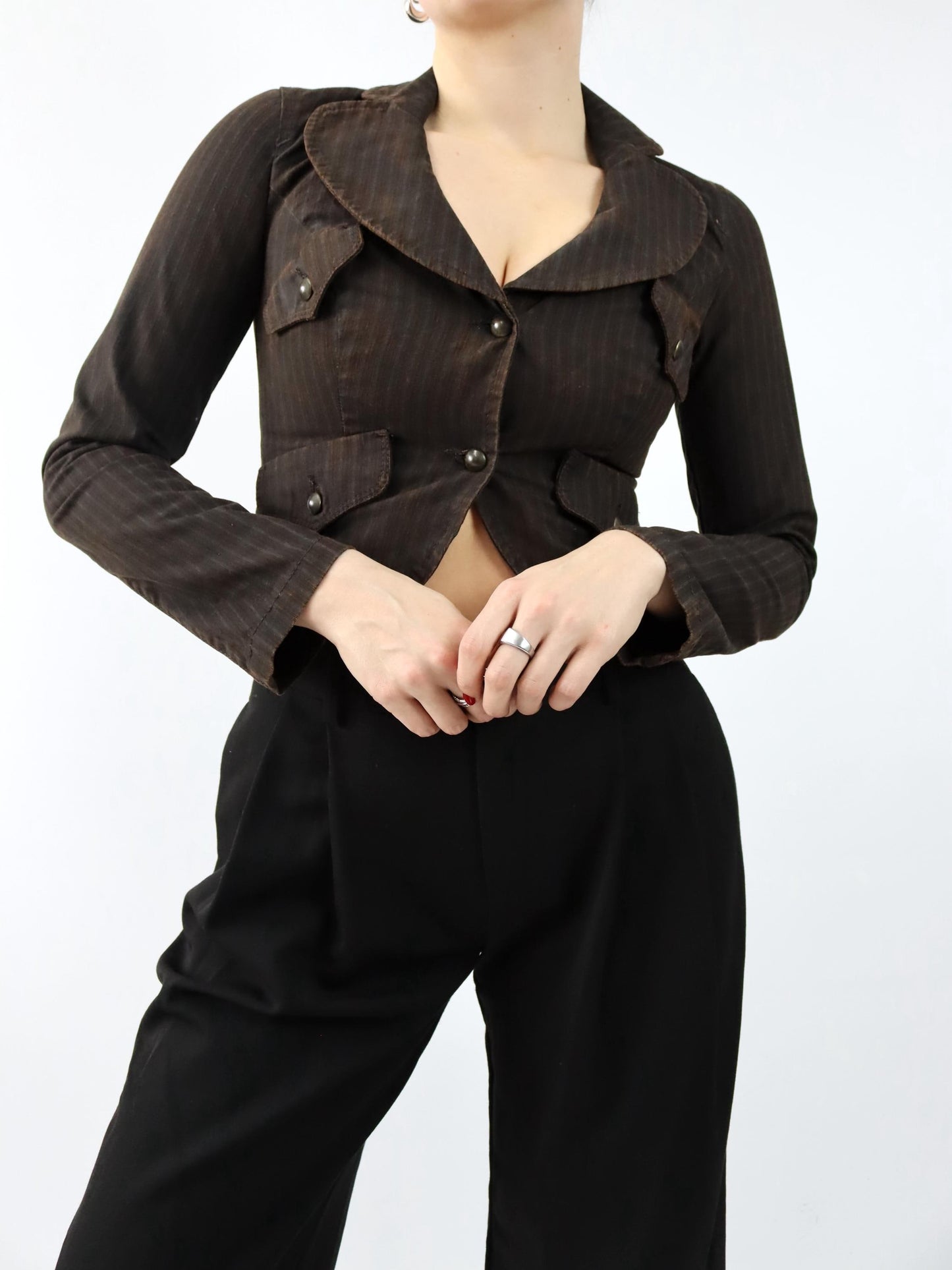Vintage 90s 00s Y2k KILLAH Blazer Jacket crop brown striped Deadstock S