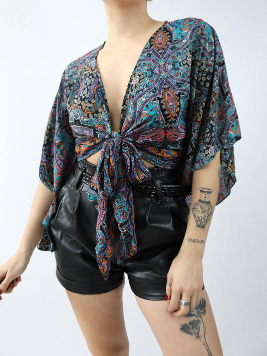 Vintage 90er 00er Wickelbluse gemustert bunt Boho Seidenbluse S/M