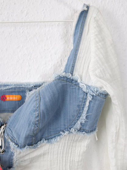 Vintage 90s 00s Y2k ESSENZA Blouse Top Denim white slightly transparent Deadstock M/L