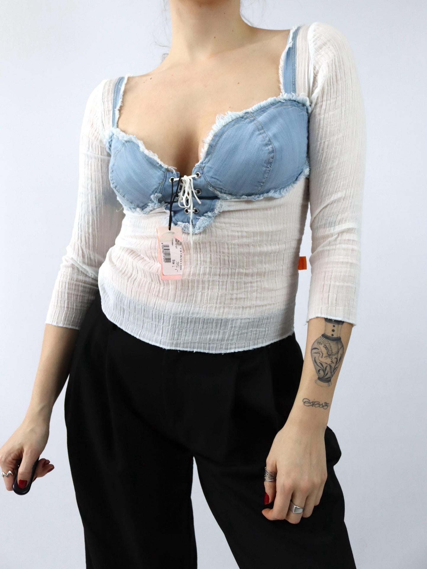 Vintage 90s 00s Y2k ESSENZA Blouse Top Denim white slightly transparent Deadstock M/L