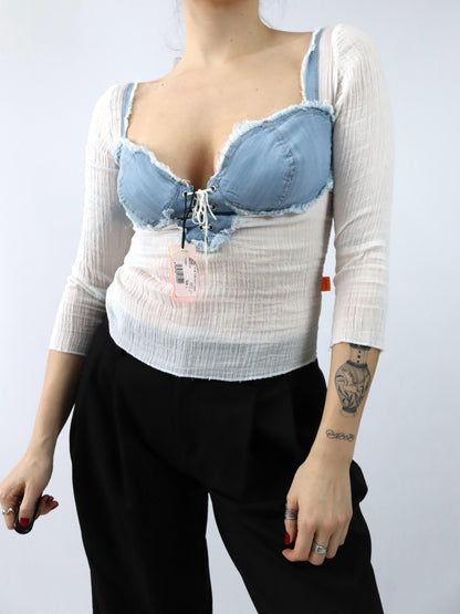 Vintage 90s 00s Y2k ESSENZA Blouse Top Denim white slightly transparent Deadstock M/L