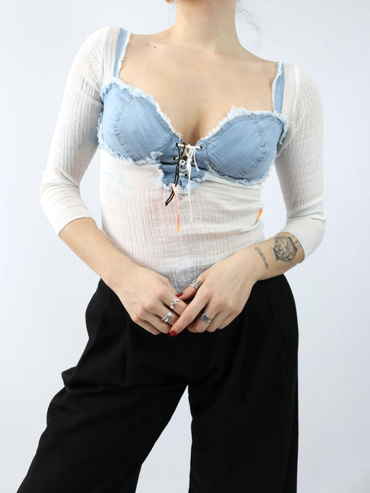 Vintage 90er 00er Y2k ESSENZA Bluse Top Denim weiß leicht transparent Deadstock M/L