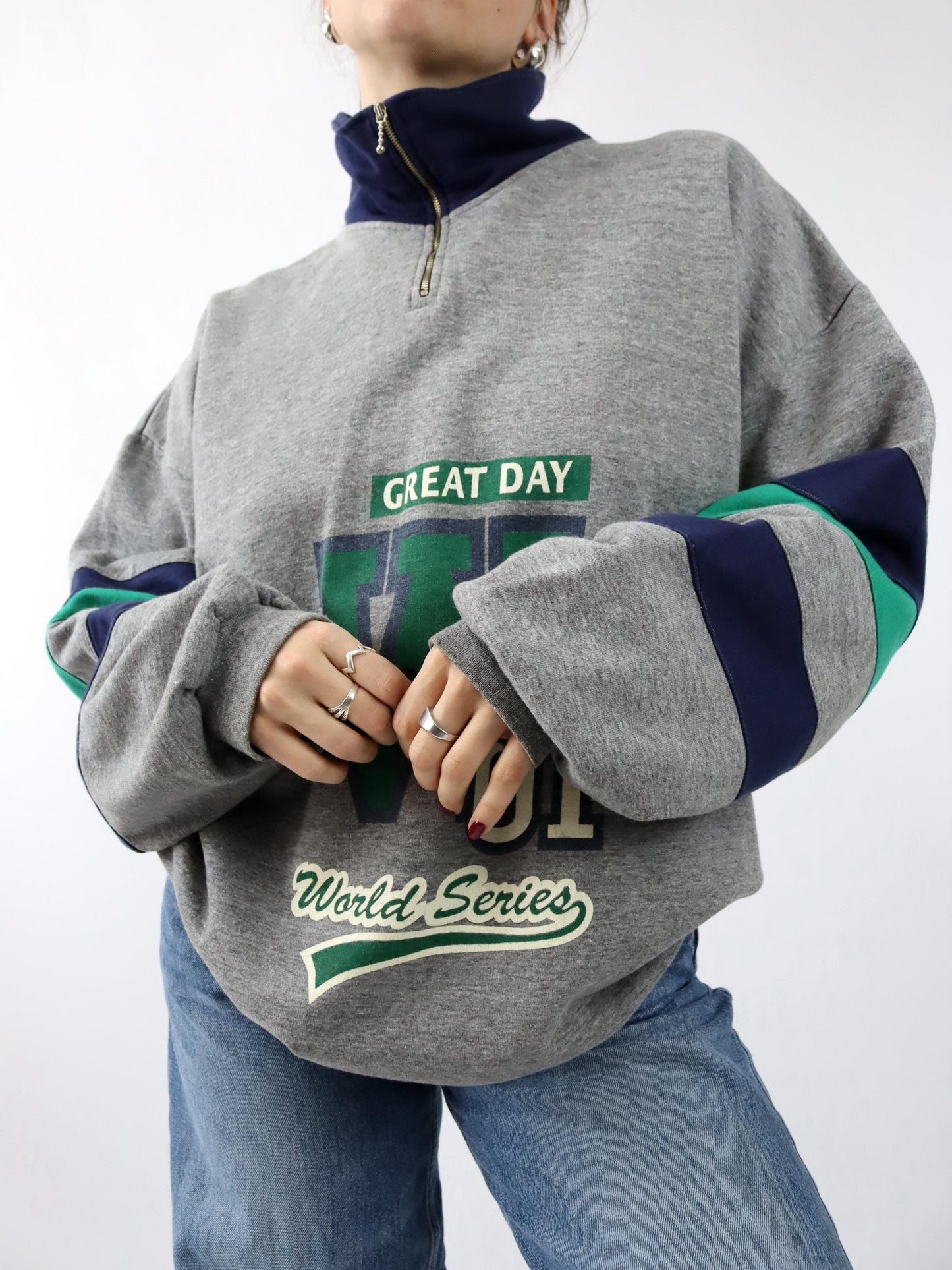 Vintage 80s 90s Sweatshirt Pullover Stand-up Collar Gray Blue Green L