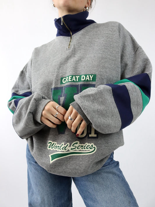 Vintage 80er 90er Sweatshirt Pullover Stehkragen grau blau grün L