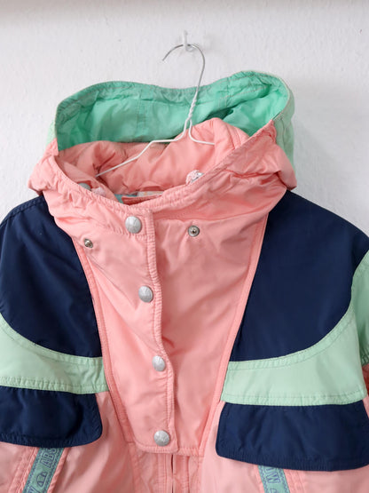 Vintage 80er 90er ELLESSE Winterjacke Skijacke gefüttert Kapuze rosa blau türkis M