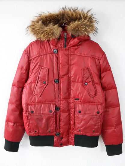 Vintage 00s Y2K COTTONS INDUSTRIES Lined Down Jacket Red Fur Collar Italy Japan Style 40/42