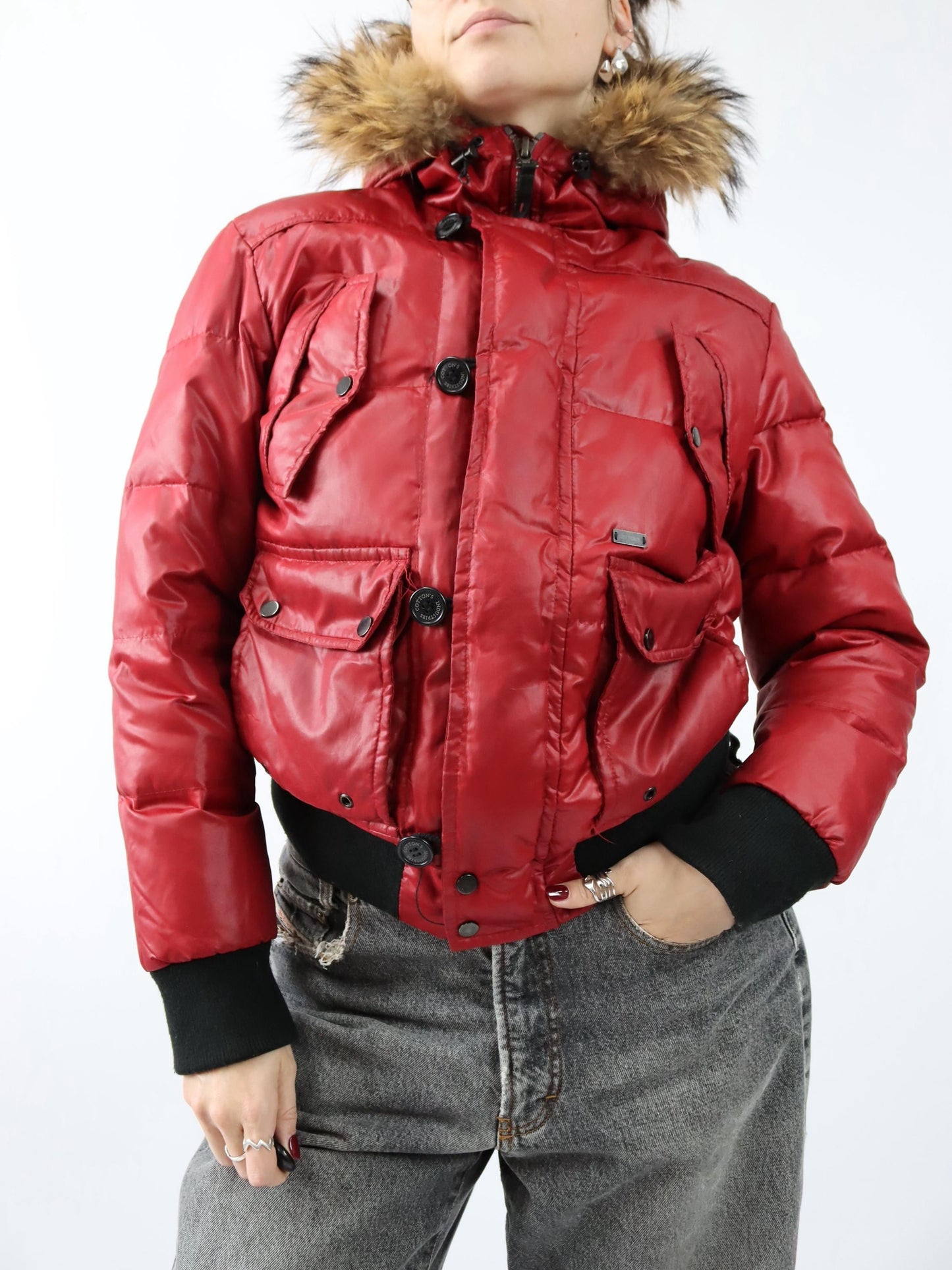Vintage 00s Y2K COTTONS INDUSTRIES Lined Down Jacket Red Fur Collar Italy Japan Style 40/42