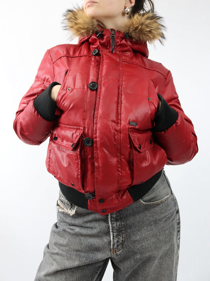 Vintage 00s Y2K COTTONS INDUSTRIES Lined Down Jacket Red Fur Collar Italy Japan Style 40/42