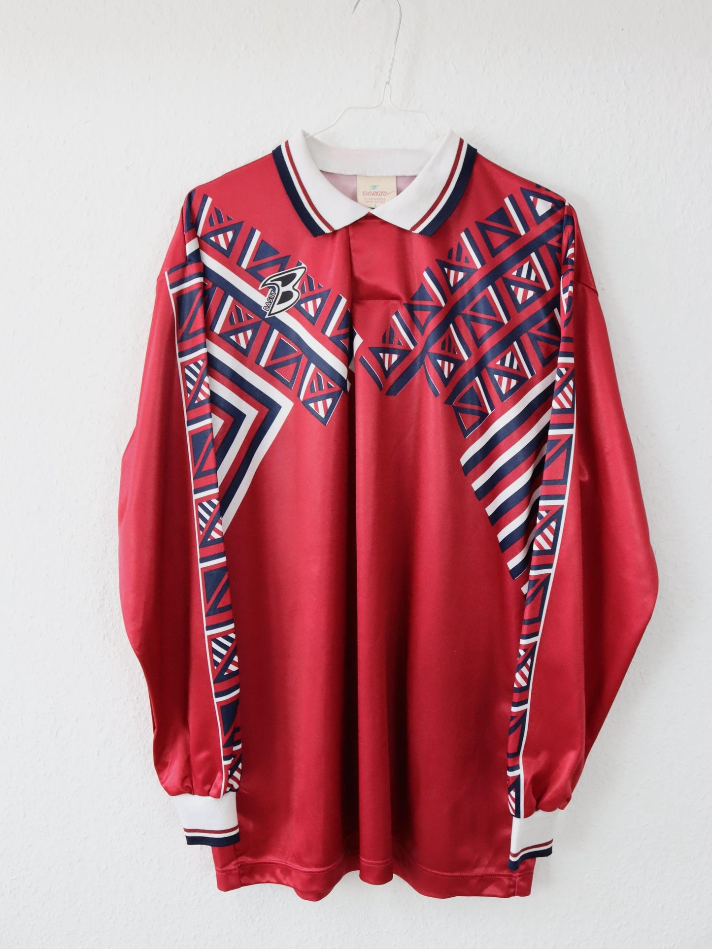 Vintage 80s 90s BASRY Jersey long sleeve crazy pattern red white L