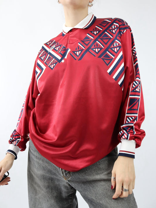 Vintage 80s 90s BASRY Jersey long sleeve crazy pattern red white L