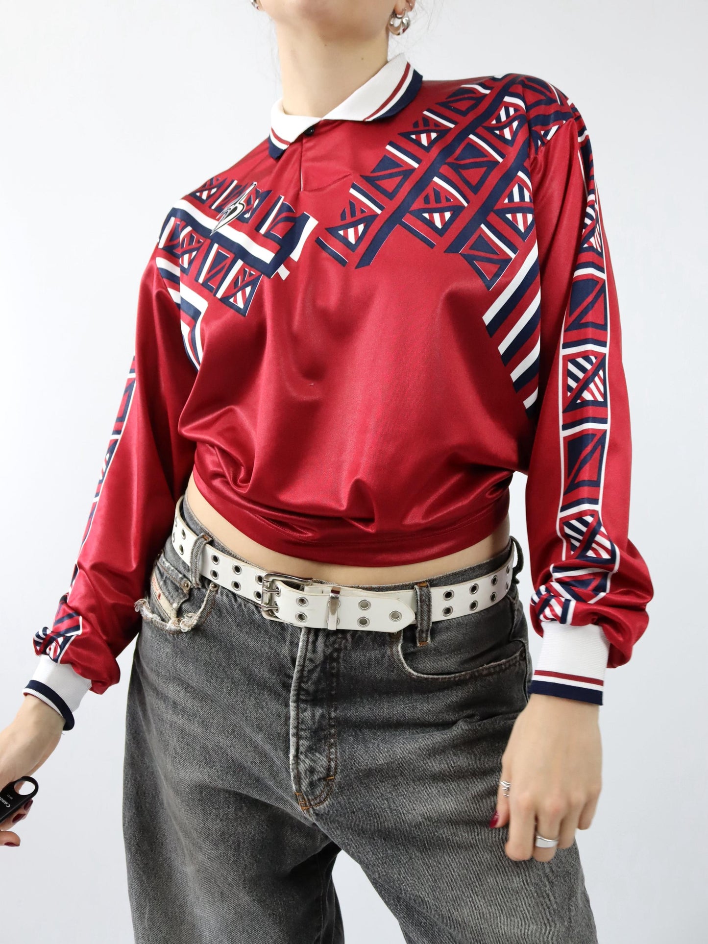 Vintage 80s 90s BASRY Jersey long sleeve crazy pattern red white L