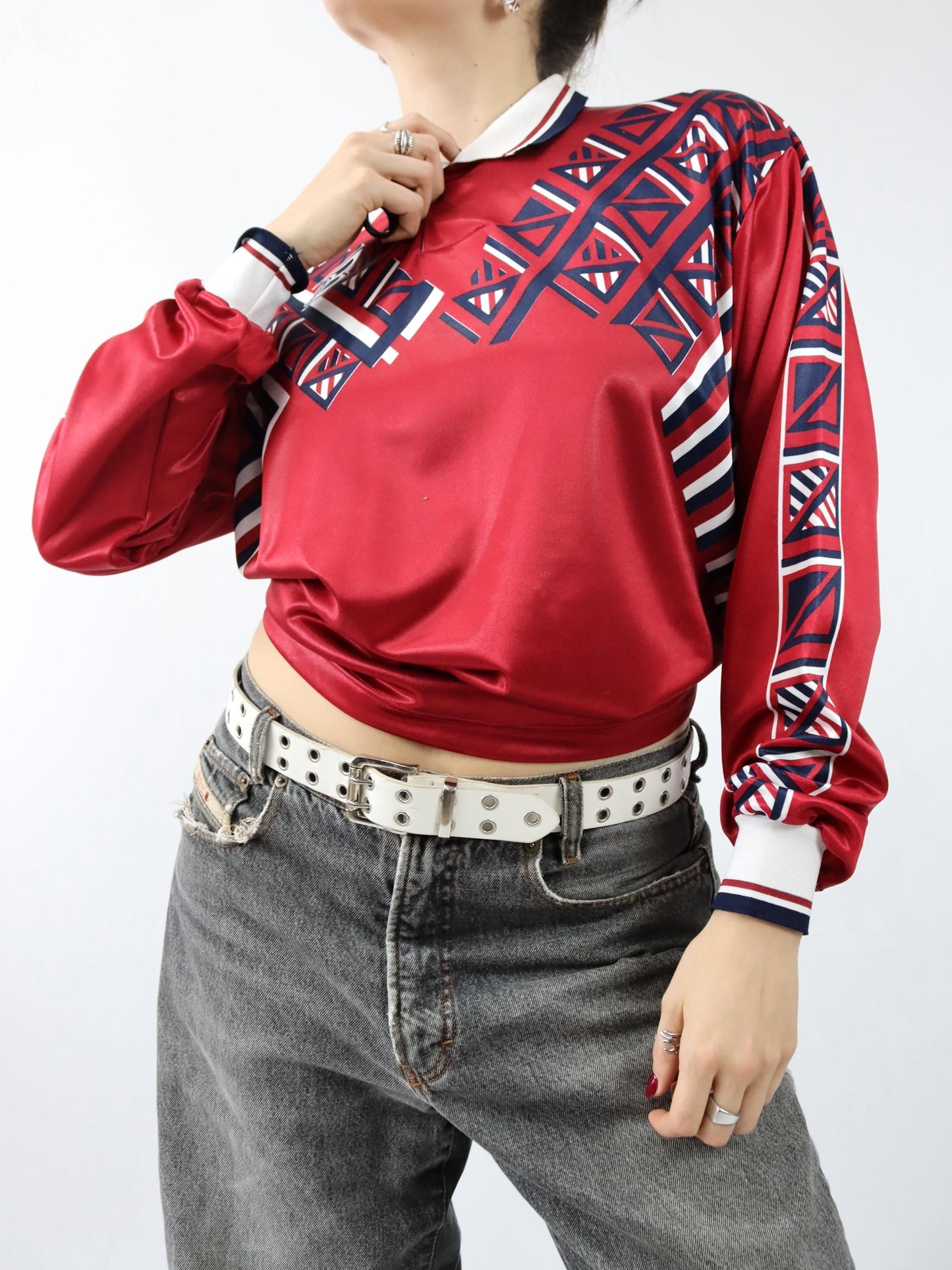 Vintage 80s 90s BASRY Jersey long sleeve crazy pattern red white L