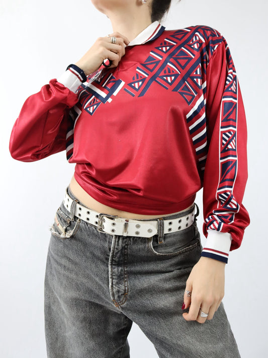 Vintage 80s 90s BASRY Jersey long sleeve crazy pattern red white L