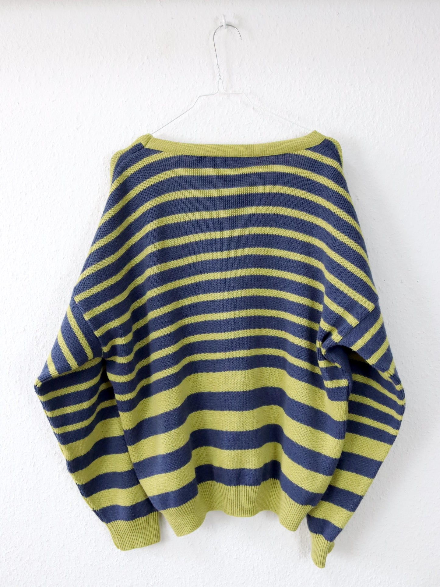 Vintage 80er 90er BERTO LUCCI Cardigan Strickjacke gestreift gelb blau Stickerei 48/50 M