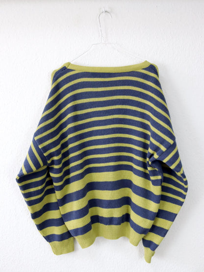 Vintage 80er 90er BERTO LUCCI Cardigan Strickjacke gestreift gelb blau Stickerei 48/50 M