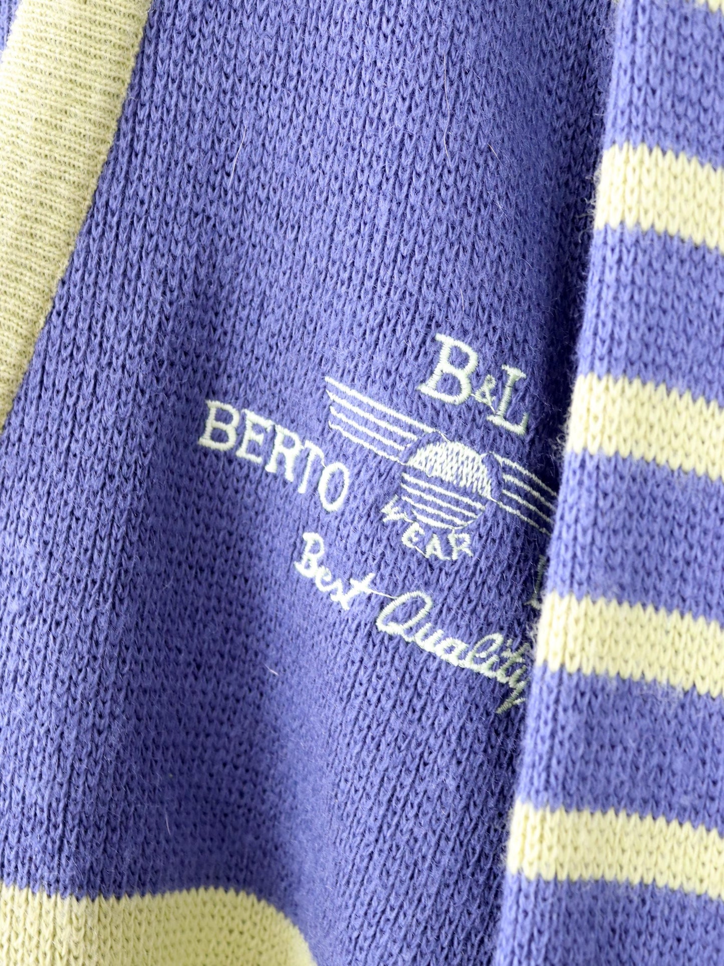 Vintage 80er 90er BERTO LUCCI Cardigan Strickjacke gestreift gelb blau Stickerei 48/50 M