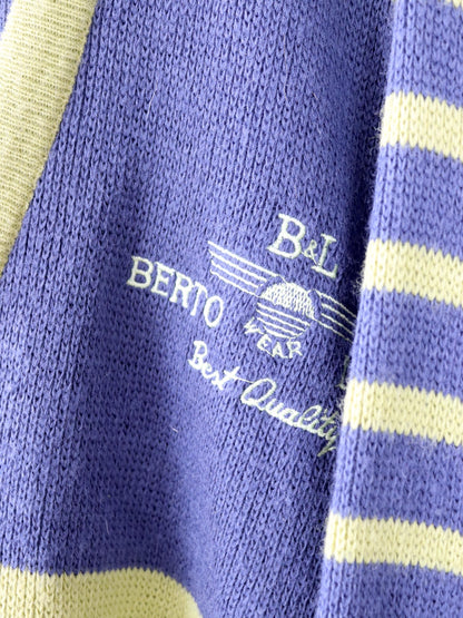 Vintage 80er 90er BERTO LUCCI Cardigan Strickjacke gestreift gelb blau Stickerei 48/50 M