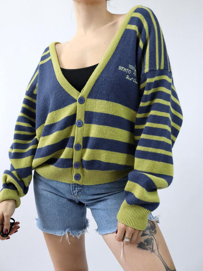 Vintage 80er 90er BERTO LUCCI Cardigan Strickjacke gestreift gelb blau Stickerei 48/50 M