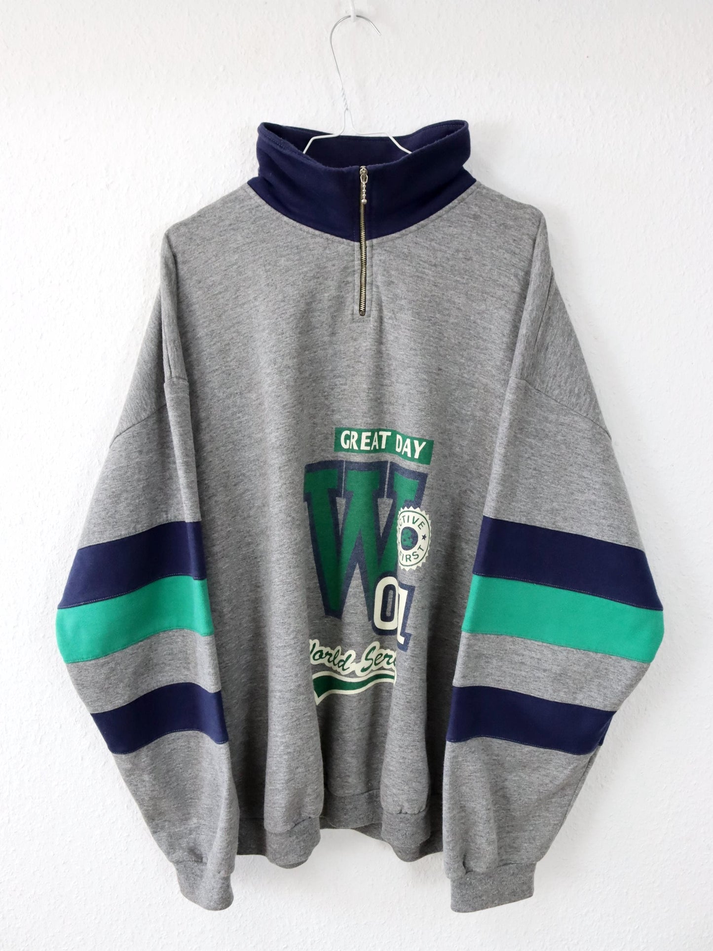 Vintage 80s 90s Sweatshirt Pullover Stand-up Collar Gray Blue Green L