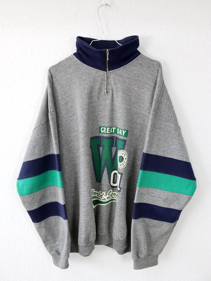 Vintage 80s 90s Sweatshirt Pullover Stand-up Collar Gray Blue Green L