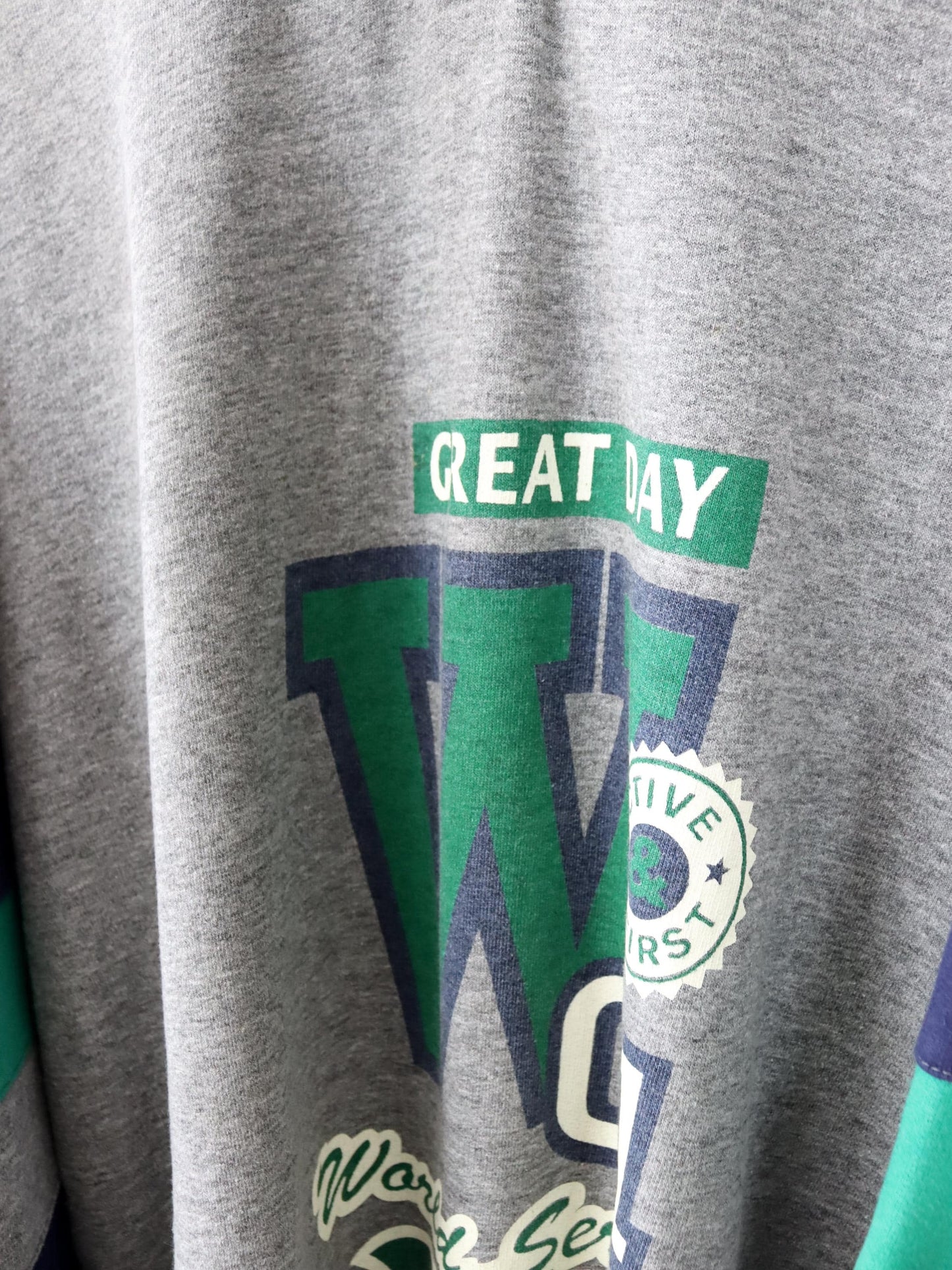 Vintage 80s 90s Sweatshirt Pullover Stand-up Collar Gray Blue Green L