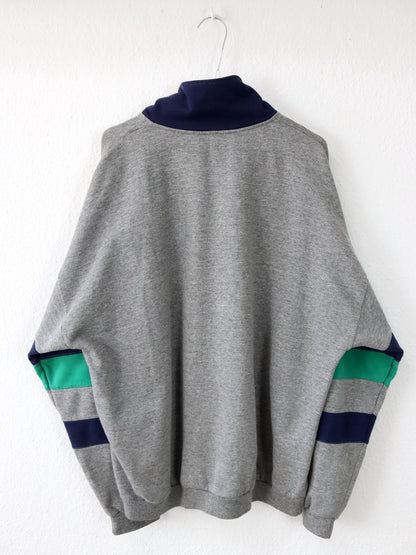 Vintage 80s 90s Sweatshirt Pullover Stand-up Collar Gray Blue Green L