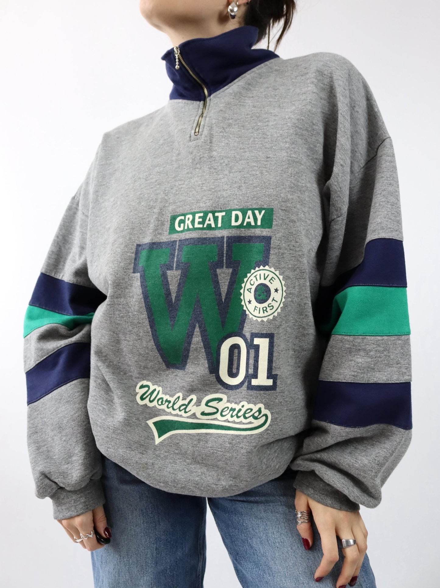 Vintage 80s 90s Sweatshirt Pullover Stand-up Collar Gray Blue Green L