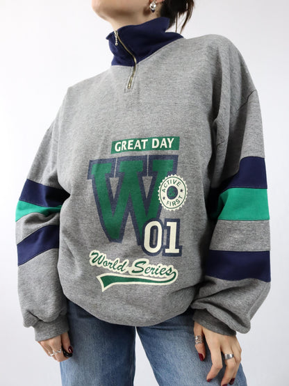 Vintage 80s 90s Sweatshirt Pullover Stand-up Collar Gray Blue Green L