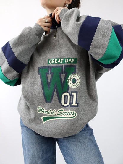 Vintage 80s 90s Sweatshirt Pullover Stand-up Collar Gray Blue Green L