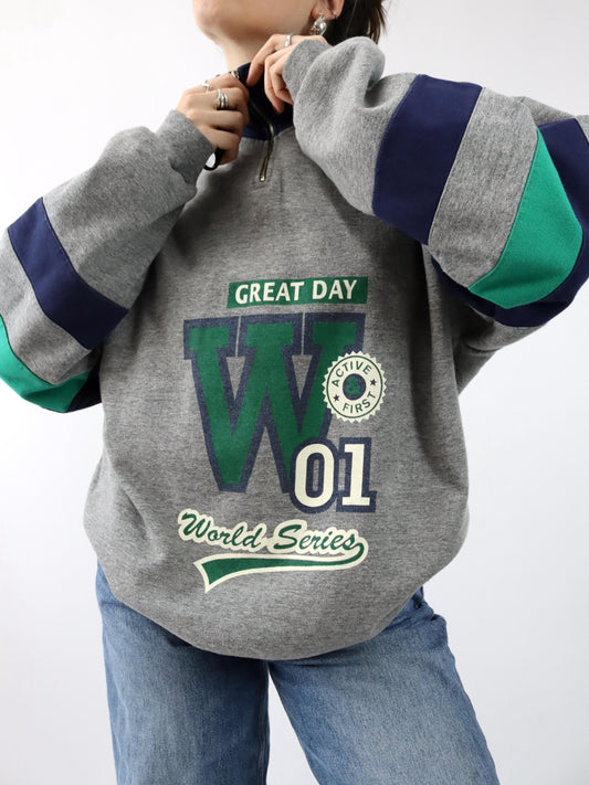 Vintage 80er 90er Sweatshirt Pullover Stehkragen grau blau grün L